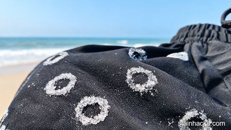 深色沙滩裤布料上清晰可见的白色海水盐渍结晶圈特写，海边环境虚化