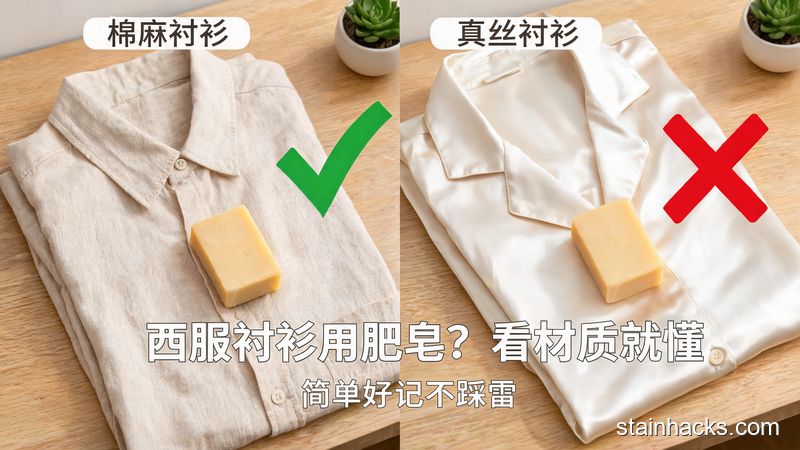 家用桌面，左边放棉麻西服衬衫配肥皂打勾，右边放真丝西服衬衫配肥皂打叉，清晰明快生活化，底部标注文字「西服衬衫用肥皂？看材质就懂」「简单好记不踩雷」