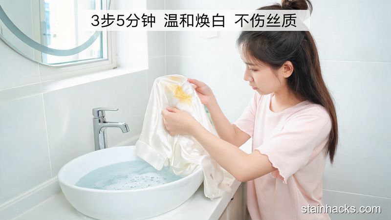 清新明亮居家卫生间场景，女生站在洗手台前轻轻捏洗真丝衣服的发黄部位，洗手盆里是加了中性洗衣液的常温水，配文字标注「3步5分钟 温和焕白 不伤丝质」，画面突出操作简单无需特殊工具