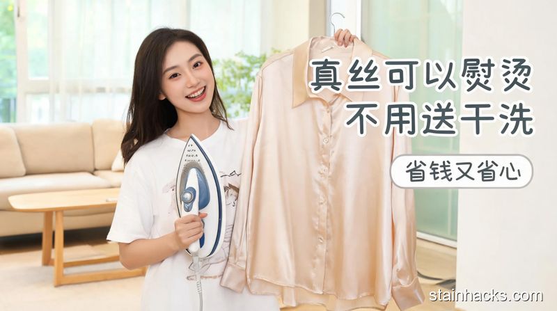 清新明亮生活化场景，居家客厅里女生拿着真丝衬衫对着普通熨斗开心笑，旁边配文字标注「真丝可以熨烫 不用送干洗」，突出简单低成本
