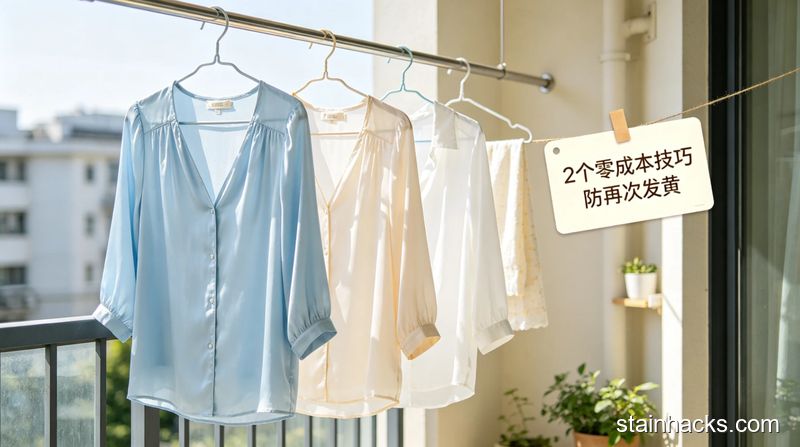 清新明亮阳台阴凉处场景，洗干净的真丝衣服挂在通风处晾干，旁边贴小标签标注「2个零成本技巧 防再次发黄」，画面温馨生活化，突出低成本易操作