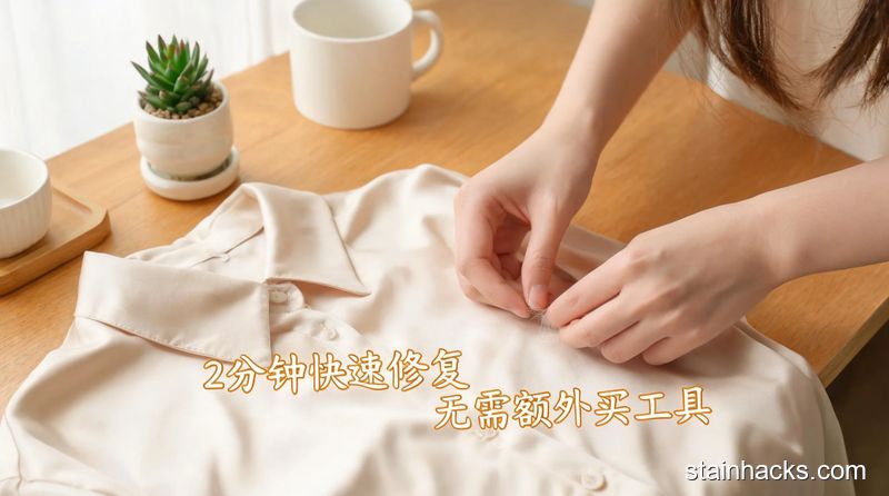 清新明亮生活化场景,居家桌面放着一件轻度勾丝的真丝衬衫,女生用双手轻轻捋平勾丝部位,画面标注文字“2分钟快速修复 无需额外买工具”,风格温馨接地气,突出操作简单