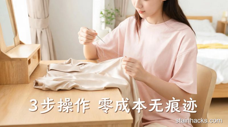 清新明亮生活化场景,女生坐在梳妆台旁,用普通家用缝衣针把真丝衣服勾出的丝轻轻挑到反面,桌面无复杂工具,画面标注文字“3步操作 零成本无痕迹”,风格轻松居家