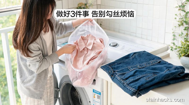 清新明亮生活化场景,女生站在家用洗衣机旁,把真丝衣服放进细密洗衣袋中,旁边放着粗硬的牛仔外套做对比,画面标注文字“做好3件事 告别勾丝烦恼”,风格实用接地气