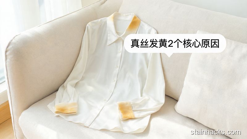 清新明亮生活化场景，客厅沙发上放着一件发黄的白色真丝衬衫，旁边配文字标注「真丝发黄2个核心原因」，画面干净简约，突出易懂好上手