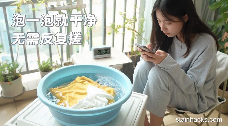 清新明亮生活化场景，发黄白衣服泡在加了小苏打的水盆里，旁边放着计时器显示20分钟，女生坐在旁边刷手机不用看管，配文字「泡一泡就干净 无需反复搓」，突出省时省力