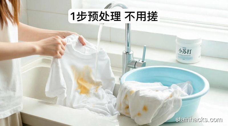 清新明亮生活化场景，女生随手把发黄白T恤放在水龙头下冲30秒，不用拧干放在盆边，角落摆着家用小苏打罐子，配文字「1步预处理 不用搓」，整体风格简单快手，突出低成本