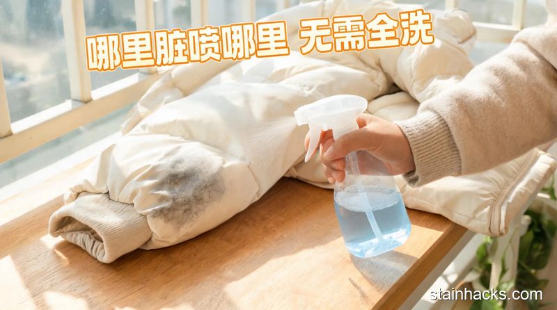 清新明亮居家场景,人手拿喷壶对着羽绒服袖口的脏污处喷洒,旁边放着待清洁的羽绒服,画面配文字:哪里脏喷哪里 无需全洗,风格温暖接地气,突出方便