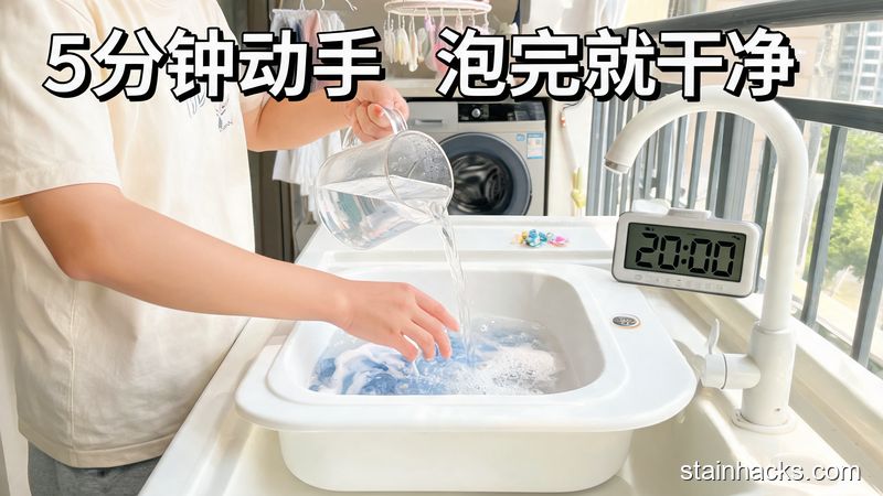 清新明亮生活化风格，场景为家庭洗衣台，普通人正往盆里倒温水搅匀清洁原料，旁边放着显示20分钟的计时器，文字标注&ldquo;5分钟动手 泡完就干净&rdquo;