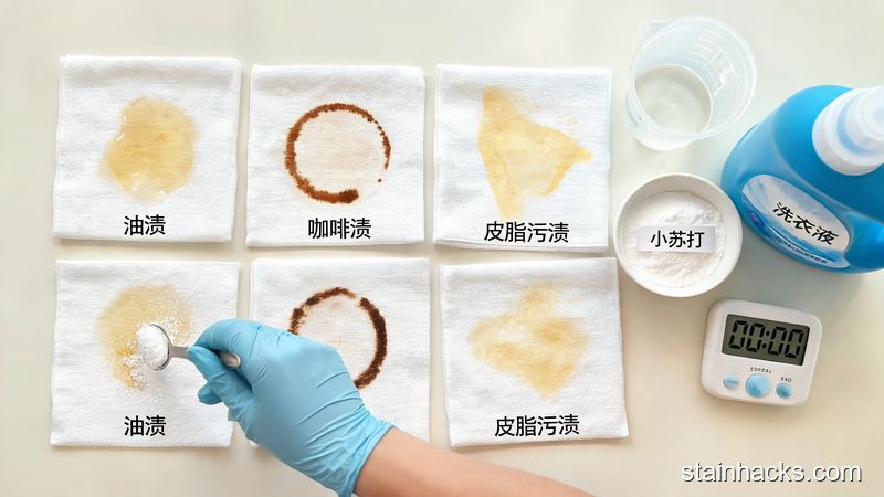 家庭对照测试小苏打洗涤剂与传统洗衣液去污力的步骤示意