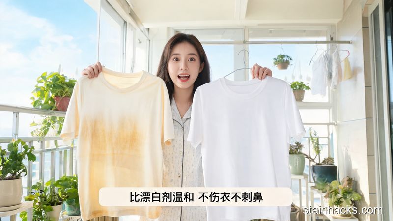 清新明亮生活化风格，场景为家庭阳台，普通人双手举着洗前发黄的白T恤和洗后洁白的同款T恤做对比，表情惊喜，文字标注&ldquo;比漂白剂温和 不伤衣不刺鼻&rdquo;