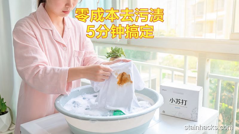 清新明亮生活化场景，普通人用洗洁精搓洗衣服上的油污，旁边放着小苏打盒，标注\