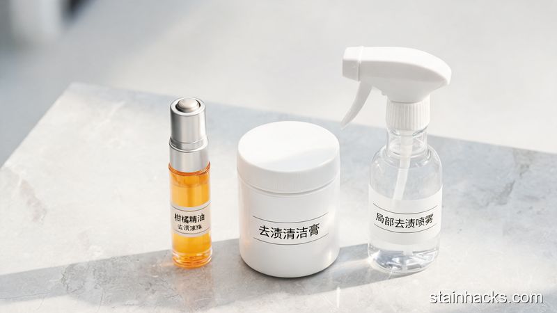去渍精油、去渍膏与局部清洗剂三类产品并排摆放的实拍对比场景