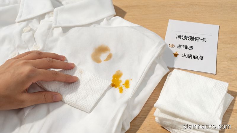 实测用便携去污湿巾处理白衬衫咖啡渍与火锅油点，展示应急去污步骤