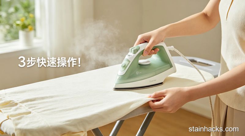 居家熨衣台场景，普通人一只手拿蒸汽熨斗距离床单2cm喷蒸汽，另一只手轻轻拉扯床单边缘的动作，配有文字「3步快速操作」，风格清新明亮生活化，关键元素：易上手、无复杂步骤