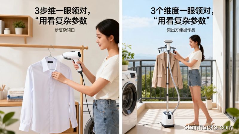 清新明亮生活化场景，居家阳台洗衣区，左右分栏对比展示：左侧是女生用手持挂烫机3步熨平衬衫领口褶皱，右侧是女生用立式挂烫机一次性熨多件外套，配文字标注「3个维度一眼选对」「不用看复杂参数」，突出方便易操作的特点