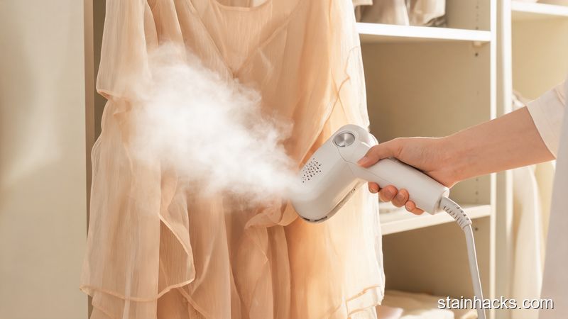 使用蒸汽挂烫机悬空熨烫雪纺裙子