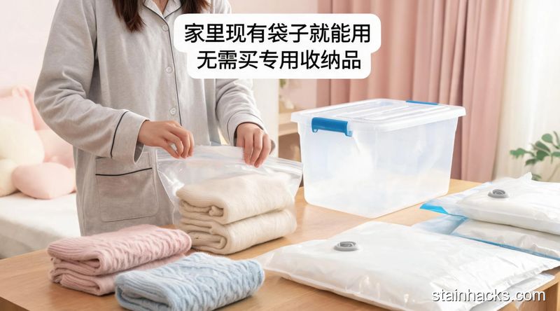 场景:卧室桌面,主体动作:女生把叠好的羊绒衫装进普通密封塑料袋,旁边摆放家用收纳箱和真空压缩袋,风格:清新明亮生活化,关键元素:配文字标注「家里现有袋子就能用 无需买专用收纳品」,突出低成本、方便