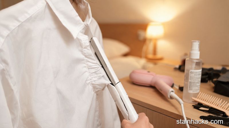 一只专业的直发夹夹住一件白衬衫领口的轻微皱褶,轻轻向外拉,服装面料纹理清晰可见,室内柔和灯光营造专业感
