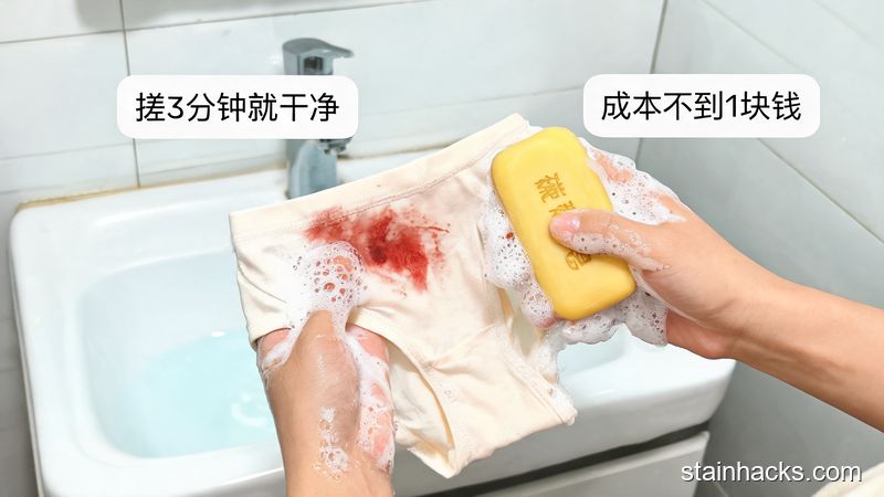 卫生间洗手台清新明亮生活化场景，人物手持硫磺皂搓洗泡好的带血渍内裤，画面标注文字「搓3分钟就干净」「成本不到1块钱」