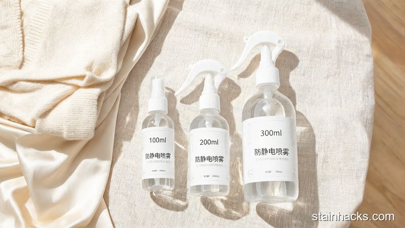 三款防静电喷雾并排陈列在浅色亚麻布上，旁边放着针织裙与真丝面料样品