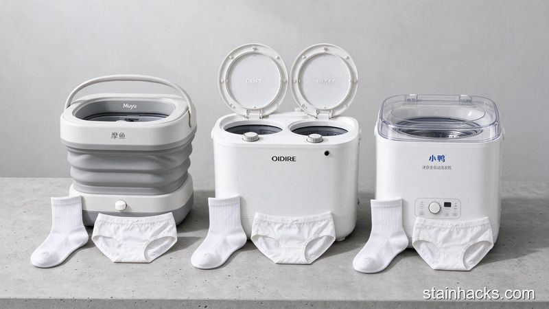 摩鱼、OIDIRE、小鸭三款迷你洗衣机并排对比展示