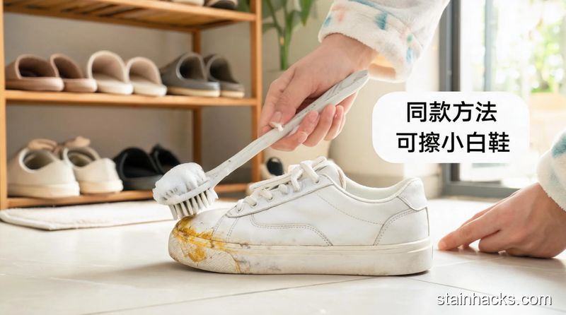 场景：家门口鞋架旁，主体动作：用旧牙刷蘸牙膏刷小白鞋鞋边的黄渍，旁边配文字标注「同款方法可擦小白鞋」，风格：清新明亮、生活化，关键词：多用、方便