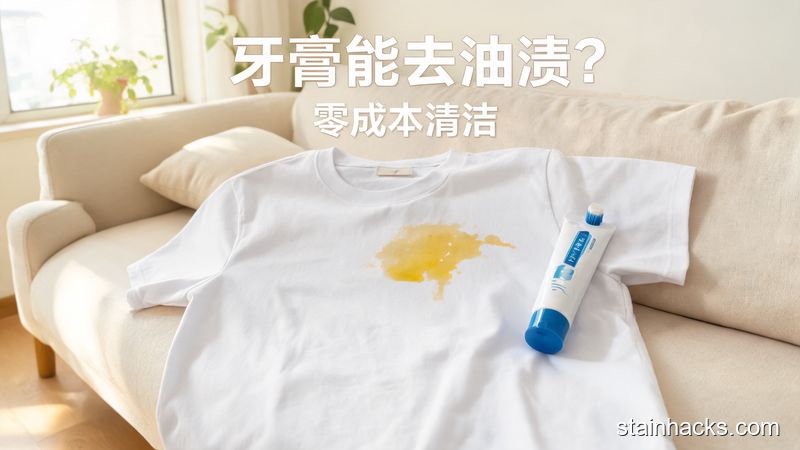 清新明亮生活化场景,沙发上放着溅了食用油的白T恤,旁边摆着普通家用牙膏,配有文字标注「牙膏能去油渍?零成本清洁」,整体轻松接地气,突出简单方便