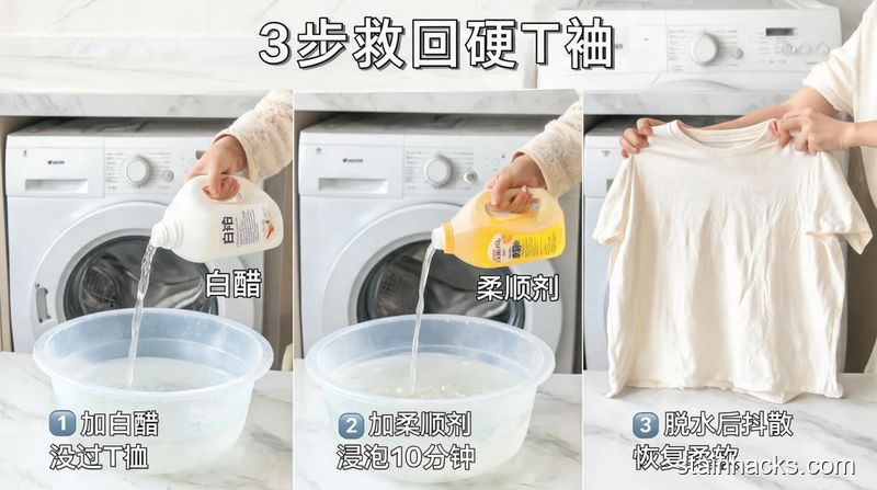 场景：家用洗衣机旁的台面，主体动作：博主依次展示往水里加白醋、倒柔顺剂、抖散脱水后T恤三个动作，风格：清新明亮生活化，关键元素：文字标注「3步救回硬T恤」、快手操作、家里现有物品就能用