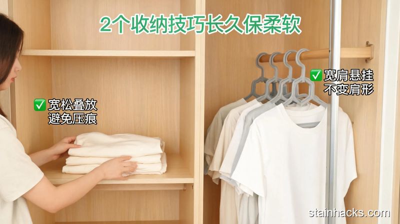 场景：整洁的家用衣柜内部，主体动作：博主把柔软的纯棉T恤宽松叠放在衣柜层板/挂在宽肩衣架上，风格：清新明亮生活化，关键元素：文字标注「2个收纳技巧长久保柔软」、简单易操作、零成本