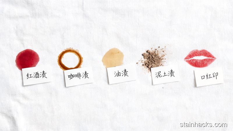 白色棉布上展示多种污渍样本:咖啡、油渍、红酒、泥土、化妆品