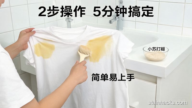 卫生间洗手台场景，普通人用软刷轻刷白色T恤腋下的黄渍，旁边放着调好的小苏打糊，风格清新明亮生活化，标注文字「2步操作 5分钟搞定」「简单易上手」