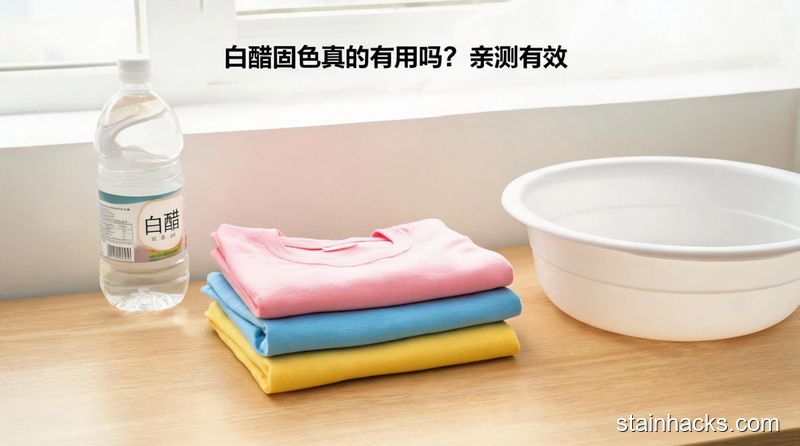 清新明亮生活化场景,桌面摆放普通家用白醋、彩色新T恤、塑料洗衣盆,配文字标注「白醋固色真的有用吗?亲测有效」,风格干净简洁,突出无需额外购买清洁用品