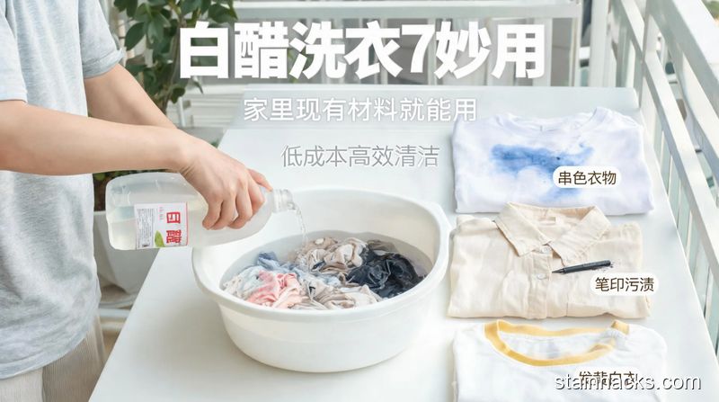 明亮的家庭洗衣台，普通人手持白醋瓶往放了脏衣服的塑料洗衣盆里倒，旁边摆放着串色的T恤、带笔印的衬衫、发黄的白衣服，风格清新明亮、生活化，标注&ldquo;白醋洗衣7妙用&rdquo;&ldquo;家里现有材料就能用&rdquo;&ldquo;低成本高效清洁&rdquo;文字，突出简单快手易操作