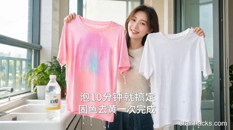 清新明亮生活化场景,洗衣台边,用户拎着刚用白醋泡过的鲜亮彩色T恤和无黄渍的白T恤,露出轻松满意的表情,图片配文字「泡10分钟就搞定 固色去黄一次完成」,突出低成本高效清洁