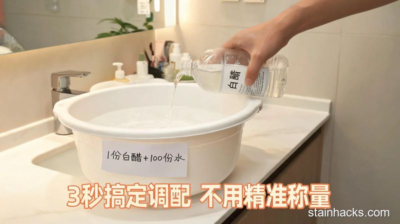 清新明亮生活化场景,居家洗手台边,普通人随手往装了清水的洗衣盆里倒白醋,盆边贴着手写便签写着「1份白醋+100份水」,图片配文字「3秒搞定调配 不用精准称量」,风格轻松日常,突出快手操作