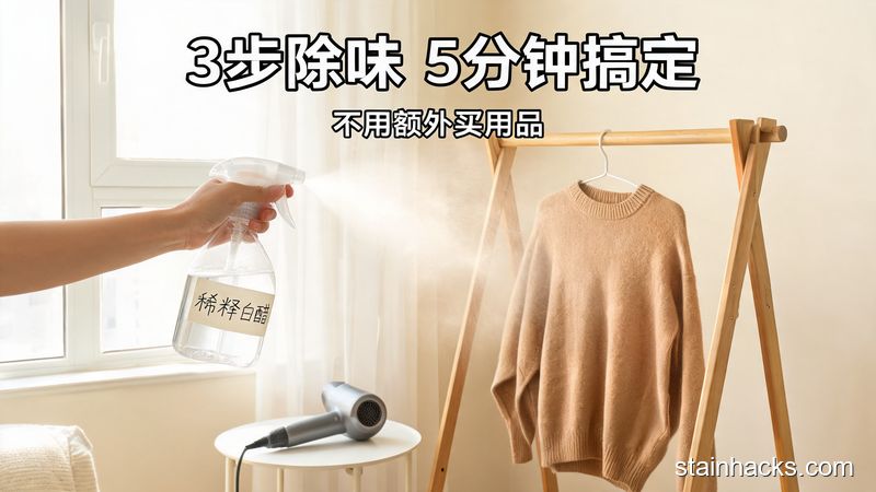 居家客厅窗边,手拿着装了稀释白醋的喷壶对着挂着的毛衣轻喷,旁边放着普通家用吹风机,有醒目标注文字「3步除味 5分钟搞定」「不用额外买用品」