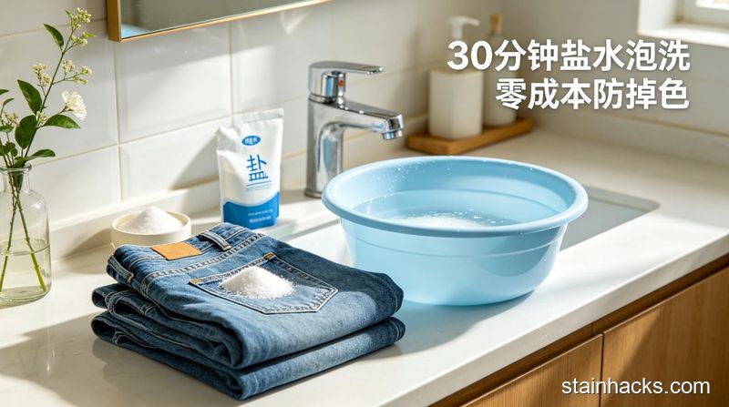 清新明亮生活化风格，普通家庭洗衣场景，人物拿着白醋往放了牛仔裤的水盆里倒，旁边标注&ldquo;家里常备材料就能用&rdquo;，突出低成本无负担