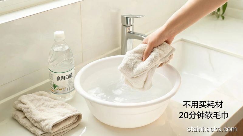 清新明亮居家卫生间场景,台面上放着盛有40度温水的塑料盆、一瓶食用白醋、一块发硬的纯棉毛巾,一只手正把毛巾放进加了白醋的水里,画面角落标注文字「不用买耗材 20分钟软毛巾」,风格温暖生活化,突出简单易操作