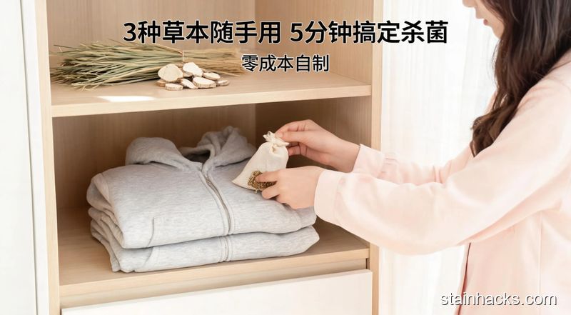 清新明亮生活化卧室衣柜场景,女生正把装了干薄荷、丁香的小棉布袋塞进叠好的卫衣口袋,衣柜层板上摆着干菖蒲、白芷块,图片配文字「3种草本随手用 5分钟搞定杀菌」,突出无需额外花钱