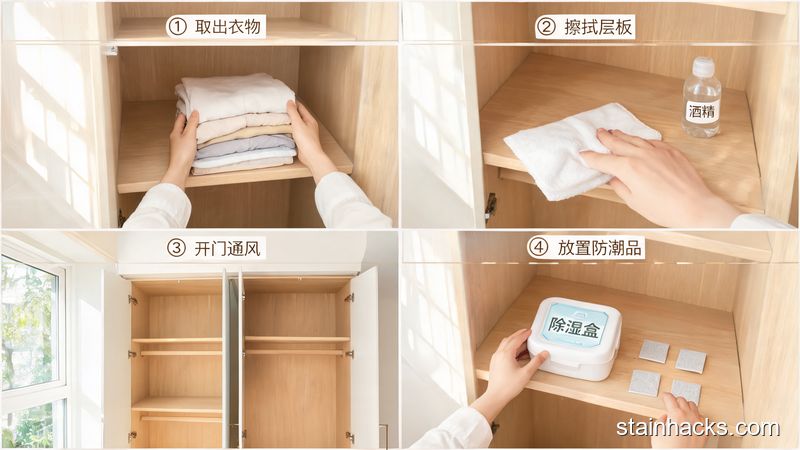 衣柜除霉控湿操作步骤示意图,依次展示清空衣物、酒精擦拭层板、开门晾干、放置防霉贴片与吸湿包的完整流程