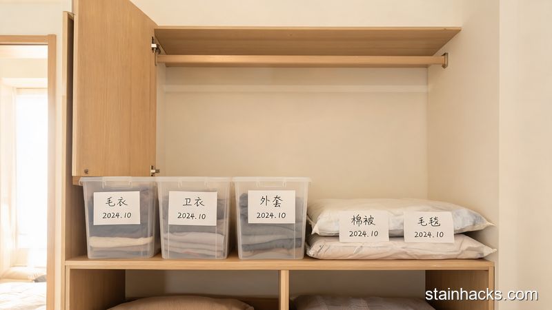 整齐叠放于衣柜下层的密封收纳袋与贴有标签的储物箱室内实景
