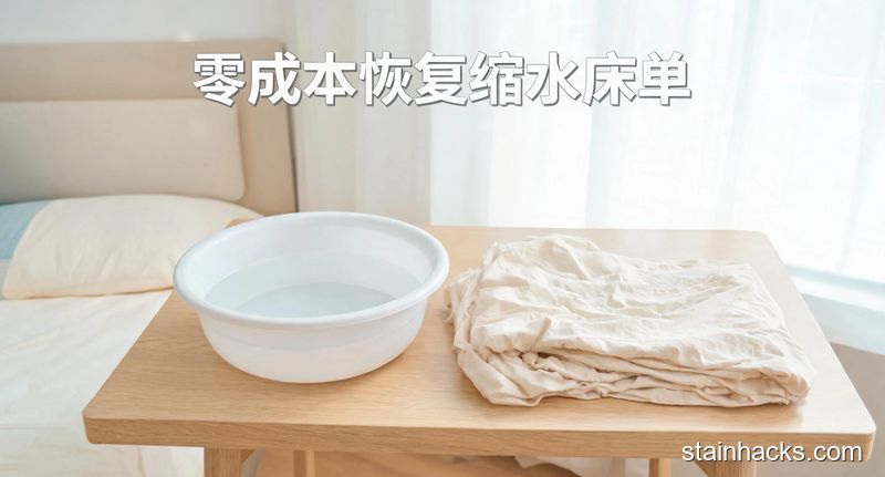 居家卧室桌面场景，摆放着缩水的纯棉床单、普通塑料温水盆，配有文字「零成本恢复缩水床单」，风格清新明亮生活化，关键元素：简单、不用额外买工具