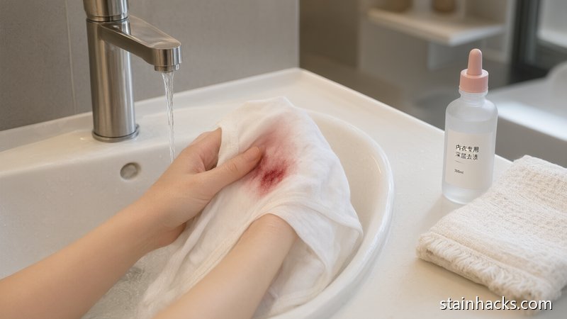 女性双手在浴室洗手台用冷水与专用洗剂轻推清洗白色内衣血渍的场景
