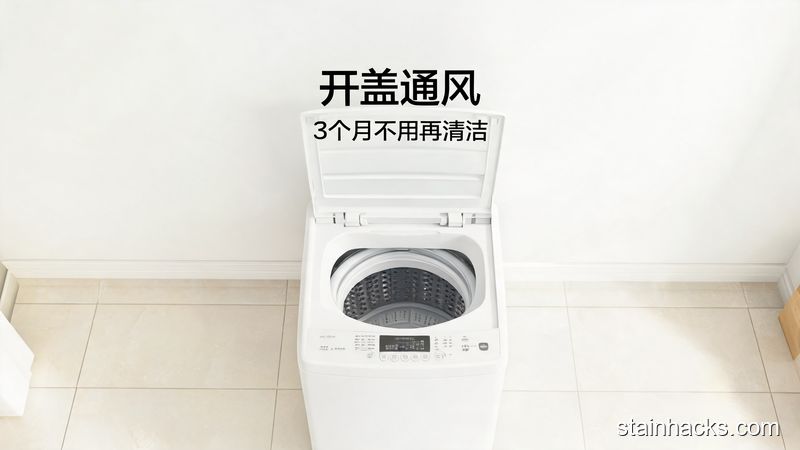 洗完衣服后的家用洗衣机,洗衣机盖子敞开着,周围无多余物品,风格清新明亮生活化,标注开盖通风 3个月不用再清洁