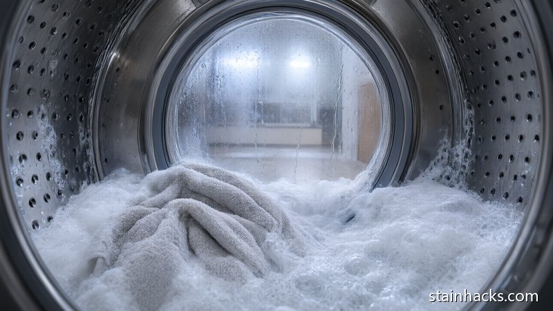 洗衣机筒自洁模式下泡腾片溶解产生大量泡沫清洁内筒的实拍画面