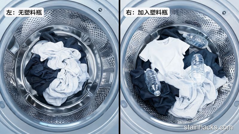 加入塑料瓶前后洗衣机内衣物缠绕与松散对比效果