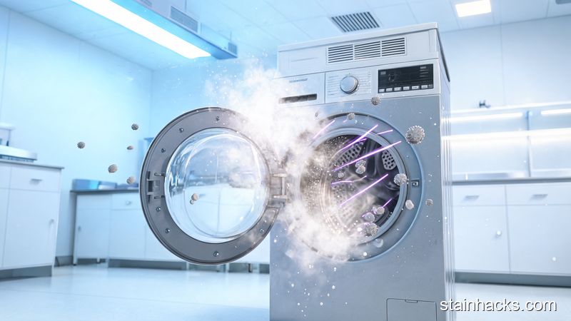 洗衣机除菌原理示意图:高温蒸汽、银离子与紫外线作用于细菌细胞