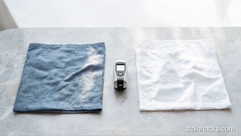 两张白色棉布对比实验,左侧布料泛灰蓝色,右侧洁白如新,中间放置色差仪