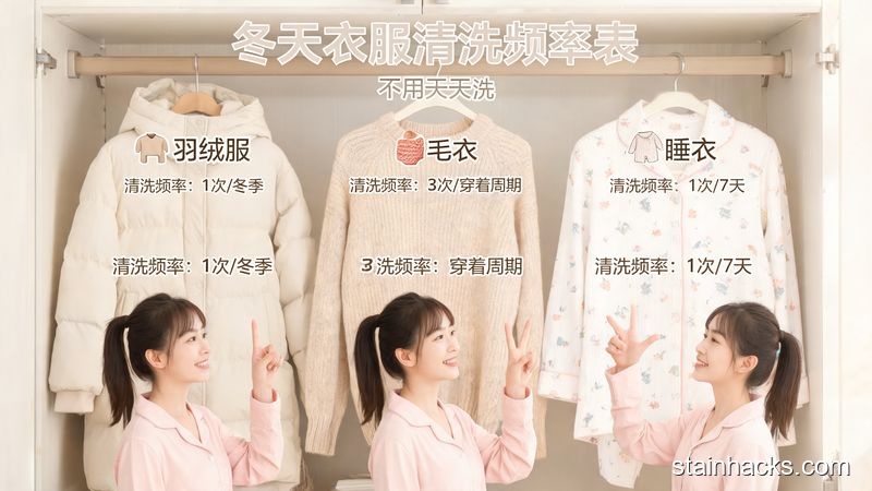 居家卧室衣柜前,女生对着羽绒服、毛衣、睡衣三款冬天衣物分别比出1、3、7的手势,有醒目标注文字「冬天衣服清洗频率表」「不用天天洗」